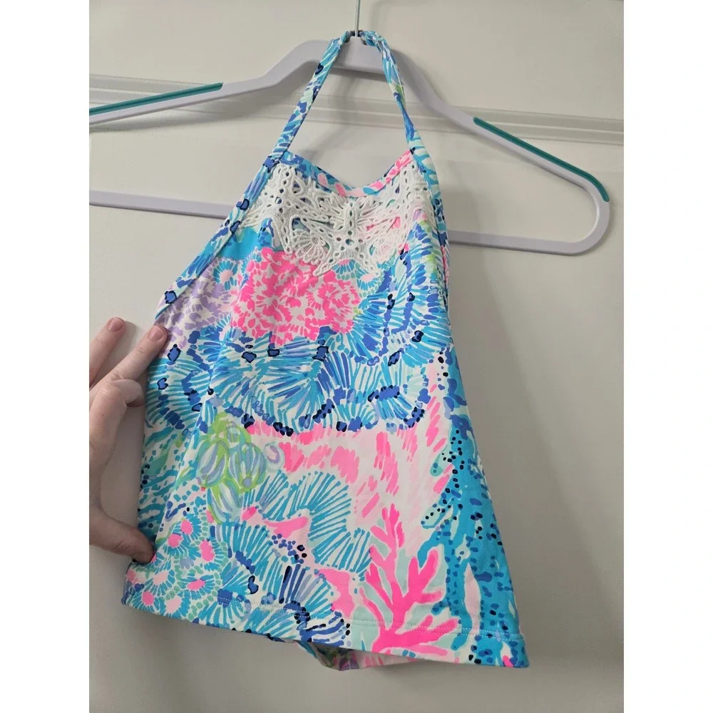 Lilly Pulitzer Girls Blue Pink Coral Reef Butterfly Lace Halter Tankini Top 10